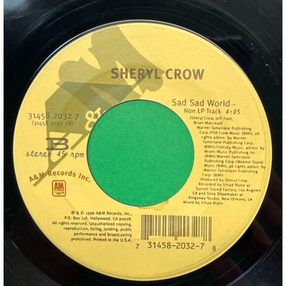 Sheryl Crow Everyday is a Winding Road / Sad Sad World 45 Vinyl 90 Folk Rock - Picture 2 of 6